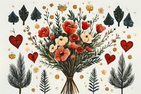 Floral bouquet with red and cream poppies, surrounded by decorative hearts, pine branches, and botanical elements on cream background.
