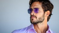 Young Hispanic man with beard wearing purple sunglasses and lavender shirt against gray background, looking confident and stylish in modern fashion portrait.