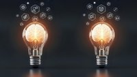 Glowing light bulbs with floating innovation icons representing creative ideas, brainstorming, and business solutions on dark background.