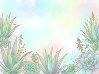 Pastel watercolor background with succulents and aloe vera plants, gold line art accents, soft mint pink hues, copy space for text.