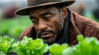 African American male farmer examining fresh lettuce growing in garden, wearing brown coat and hat, focused expression while inspecting organic produce quality.