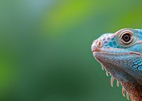 Close-up profile of blue iguana head showing detailed scales, spikes and eye against blurred green natural background, exotic reptile portrait.