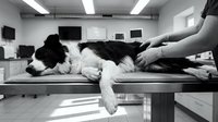 Sick dog lying on examination table at veterinary clinic while veterinarian performs health checkup and diagnosis in professional medical facility.