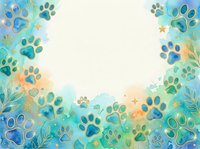 Watercolor paw prints in blue, green, and gold tones frame a cream center space with stars and foliage, ideal for pet-related designs, greeting cards, and animal-themed projects.