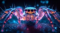 Colorful jumping spider macro photography with vibrant neon lighting effects. Close-up view shows detailed texture and multiple eyes in artistic style.