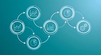 Business process workflow with connected icons showing analytics charts, time management, and gear settings on turquoise gradient background.