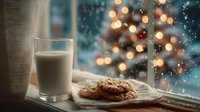 Glass of milk and homemade cookies on windowsill with blurred Christmas tree lights in background, creating cozy winter holiday atmosphere.