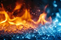 Fire and ice abstract background with glowing orange flames meeting frozen blue crystals in dramatic contrast, creating magical light effects and bokeh.
