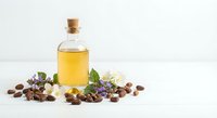 Golden oil in glass bottle with cork stopper surrounded by coffee beans and purple flowers on white background for natural skincare products.