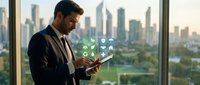 Middle-aged man with dark hair and beard, wearing dark business suit, using tablet device near floor-to-ceiling window with cityscape view. Digital icons floating above tablet screen representing technology, communication, and business applications. Urban skyline with tall buildings visible in background during daytime.