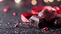 Dark chocolate pieces with glittering red heart decoration on black background with bokeh lights and romantic mood, Valentine's day sweet treat concept.