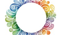 Colorful decorative frame with swirls and flourishes in rainbow gradient colors surrounding white circular space for text or design elements.