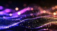 Magical glowing waves with sparkling particles in purple, blue and orange colors against dark background create dreamy abstract composition.