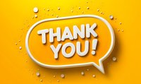 White thank you text in speech bubble on vibrant yellow background with shadow effect and scattered dots creates modern, dynamic gratitude message.