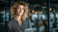 Professional blonde businesswoman with curly hair holding tablet in modern office environment with bokeh lights for corporate presentations.