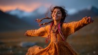 Young Asian girl with arms outstretched in orange traditional dress against mountain sunset backdrop, expressing joy and freedom in nature.