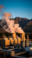 Geothermal power plant with steam emissions against mountain backdrop during golden hour sunset creating renewable energy for sustainable electricity generation.
