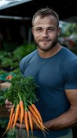 Muscular Caucasian man in blue t-shirt holding fresh organic carrots with green tops at farmers market. Natural healthy lifestyle and local produce concept.