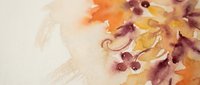 Watercolor autumn leaves in warm orange and burgundy tones with flowing brushstrokes on textured paper background for seasonal design projects.