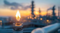 Oil and gas industrial zone with glowing flame lamp at sunset, blurred refinery plant background with bokeh lights and pipeline infrastructure.