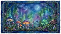 Enchanted forest scene with glowing mushrooms, mystical woodland creatures, and crescent moon in starry night sky, surrounded by ornate decorative border.