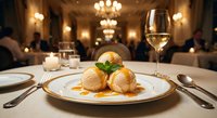 Elegant dessert with ice cream scoops and caramel sauce on white plate in upscale restaurant dining room with warm lighting and wine glass for fine dining experience.