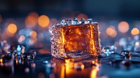 Glowing ice cube with orange bokeh lights on dark reflective surface creates magical atmosphere. Crystal clear frozen water illuminated from within, macro photography.