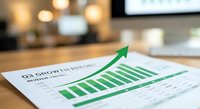 Quarterly business growth report with green upward trending chart and arrow on wooden desk in modern office environment for financial presentations.
