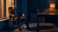 Confident young Caucasian businessman in a dark suit sitting in an office chair by a window with warm evening light.