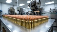 Rows of brass ammunition cartridges arranged on metal table in modern manufacturing facility with industrial equipment in background.