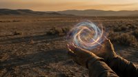 Young man creating magical glowing spiral energy portal with hands in desert landscape at golden hour sunset for fantasy and supernatural concepts.