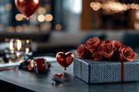 Romantic gift box with red roses and heart decorations on dark table against blurred bokeh lights, creating intimate Valentine's Day atmosphere.