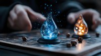Magical glowing potion bottles with blue and orange light effects on dark background, mystical fantasy composition with sparkles and mysterious atmosphere.