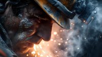 Close-up profile of soldier in combat helmet surrounded by smoke and glowing embers, creating dramatic battlefield atmosphere.