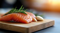 Fresh raw salmon fillet with rosemary sprig and garlic cloves on wooden cutting board, selective focus with natural lighting and blurred background.