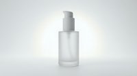 Frosted glass cosmetic bottle with gray pump dispenser on white background, suitable for skincare, serum, lotion, and beauty product packaging mockups.
