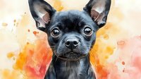 Black Chihuahua puppy portrait on vibrant orange and pink watercolor background, close-up view of small dog face with alert expression and pointed ears.