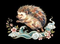 Adorable hedgehog illustration with decorative floral and wave elements, isolated on transparent background. Ready for t-shirts, stickers, clipart, sublimation, and print-on-demand designs.