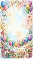 Watercolor birthday party frame with colorful balloons, bunting, cake, gifts, and confetti, leaving a blank center for text or design.