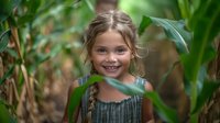 Young girl with braided hair smiling through green corn stalks in summer garden, natural outdoor portrait with soft bokeh background and authentic expression.
