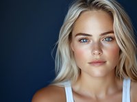 Young blonde woman with natural makeup and blue eyes wearing white tank top against dark blue background, soft lighting highlights facial features and glowing skin.