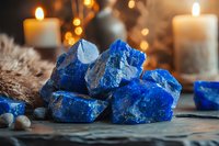 Raw blue lapis lazuli stones with burning candles and bokeh lights in background, creating mystical atmosphere on dark surface for spiritual practices.