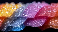 Colorful translucent sheets with water droplets in rainbow gradient from yellow to blue and red, creating abstract macro photography with bokeh effect and light reflection.