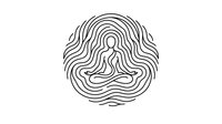 Minimalist line art meditation figure in lotus pose surrounded by flowing circular waves on white background for wellness and spiritual design projects.