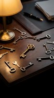 Vintage keys scattered on wooden desk with warm lamp light, fountain pen and leather notebook creating atmospheric office workspace for business concepts.