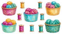 Colorful yarn balls in woven baskets with thread spools isolated on white background, ready for crafting, knitting, and sewing design projects.