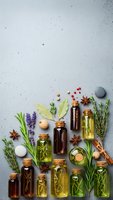 Essential oils in glass bottles with fresh herbs, spices and aromatherapy ingredients arranged on textured stone background for natural wellness and spa treatments.