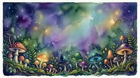 Enchanted forest floor with glowing mushrooms and magical aurora lights in night sky, perfect for fantasy backgrounds and mystical designs.
