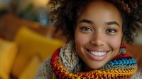 Young African American woman with natural curly hair smiling warmitted scarf. Soft bokeh background creates cozy autumn mood.