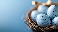 Speckled blue eggs in natural twigs nest against soft blue background, creating serene spring composition for seasonal and Easter designs.